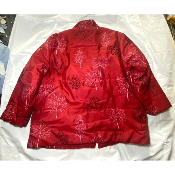 Womens Red Jacket 1X Nylon & Polyester Tree Print Full Metal Zip - Picture 2 of 9